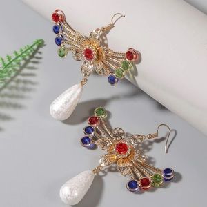 🌸 Lovely Colorful Rhinestone Metallic Faux Pearl Floral Flower Drop Earrings